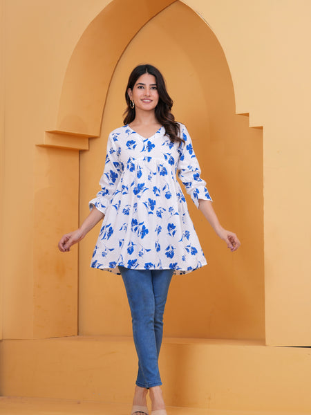 Elegant White & Blue Floral Printed A-Line Tunic Top for Women