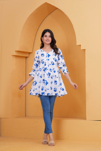 Elegant White & Blue Floral Printed A-Line Tunic Top for Women