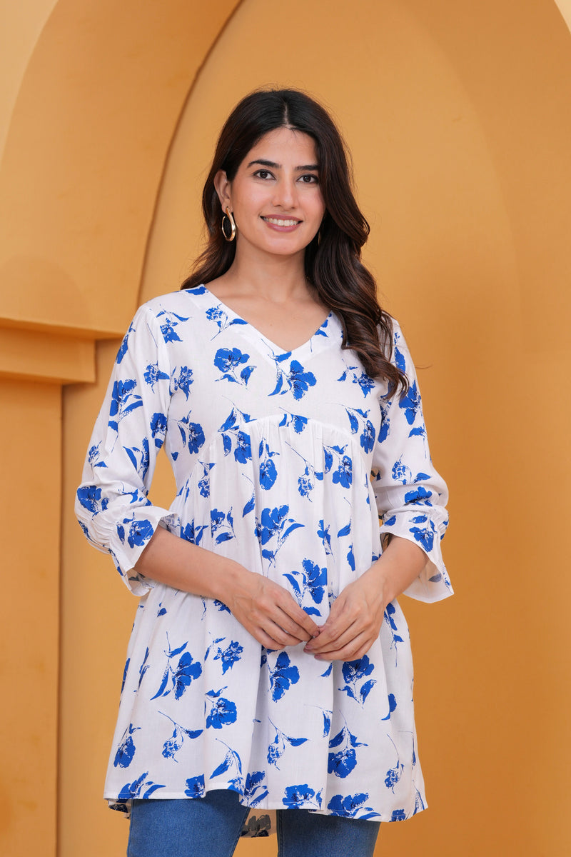 Elegant White & Blue Floral Printed A-Line Tunic Top for Women