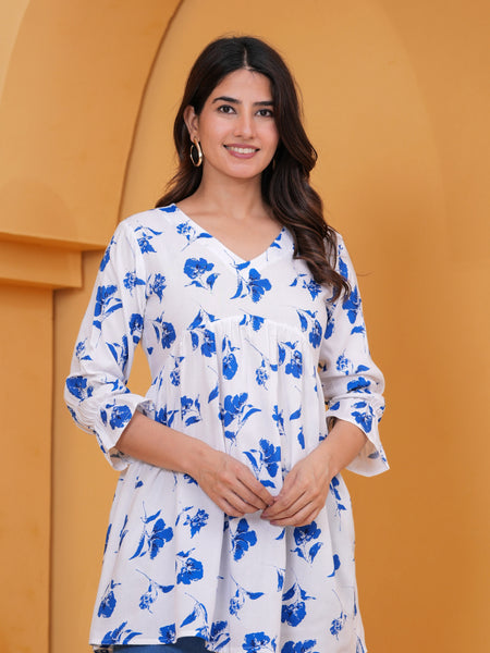 Elegant White & Blue Floral Printed A-Line Tunic Top for Women