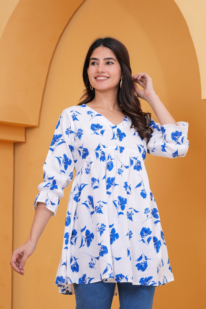 Elegant White & Blue Floral Printed A-Line Tunic Top for Women