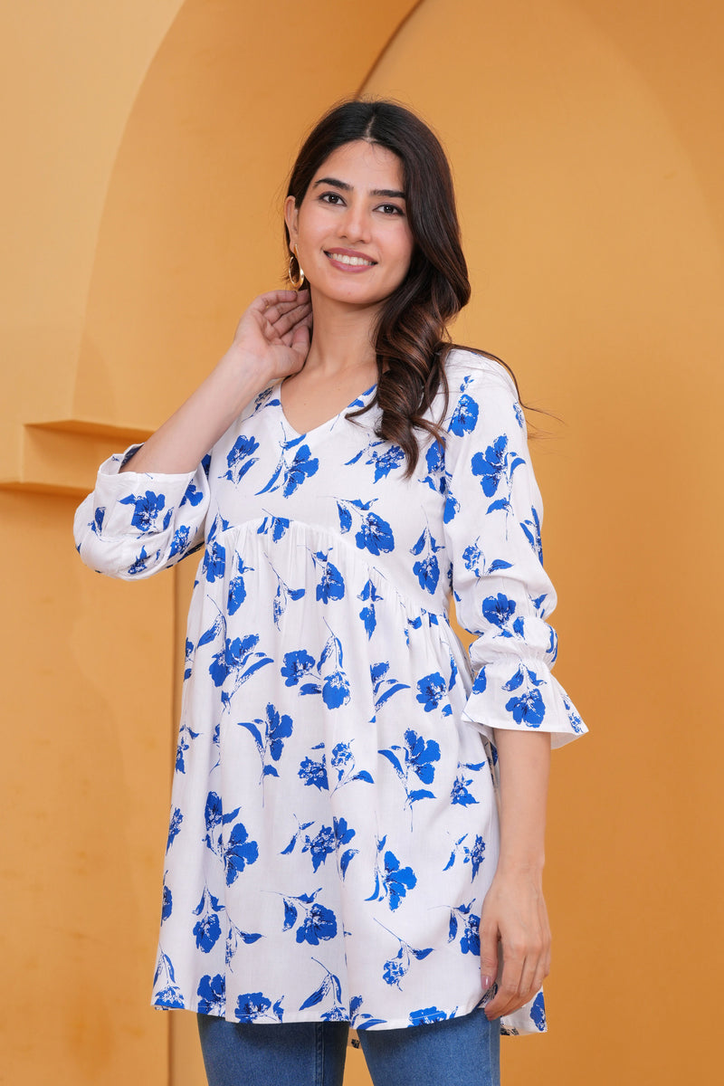 Elegant White & Blue Floral Printed A-Line Tunic Top for Women