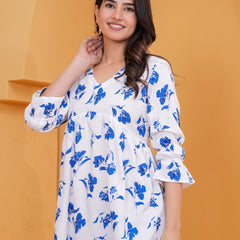 Elegant White & Blue Floral Printed A-Line Tunic Top for Women