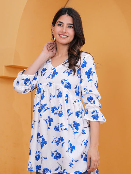 Elegant White & Blue Floral Printed A-Line Tunic Top for Women