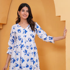Elegant White & Blue Floral Printed A-Line Tunic Top for Women