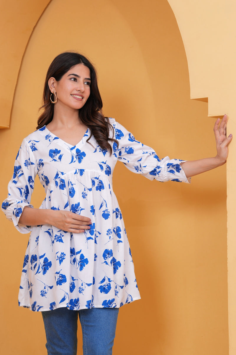 Elegant White & Blue Floral Printed A-Line Tunic Top for Women