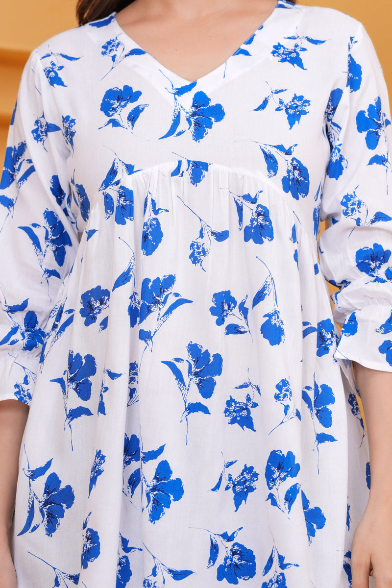 Elegant White & Blue Floral Printed A-Line Tunic Top for Women
