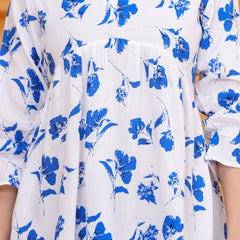 Elegant White & Blue Floral Printed A-Line Tunic Top for Women