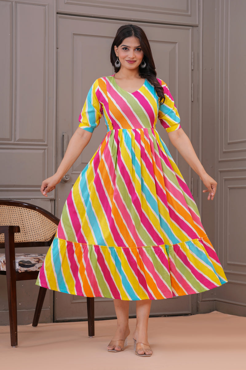 Colorful Cotton Maternity Dress with Nursing Access and Flared Hem