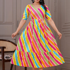 Colorful Cotton Maternity Dress with Nursing Access and Flared Hem