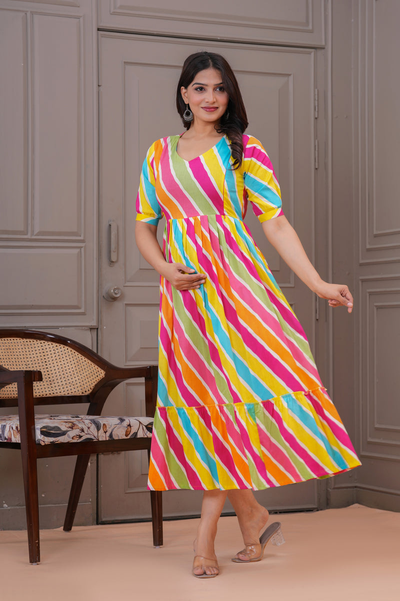 Colorful Cotton Maternity Dress with Nursing Access and Flared Hem