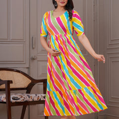 Colorful Cotton Maternity Dress with Nursing Access and Flared Hem
