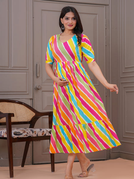 Colorful Cotton Maternity Dress with Nursing Access and Flared Hem