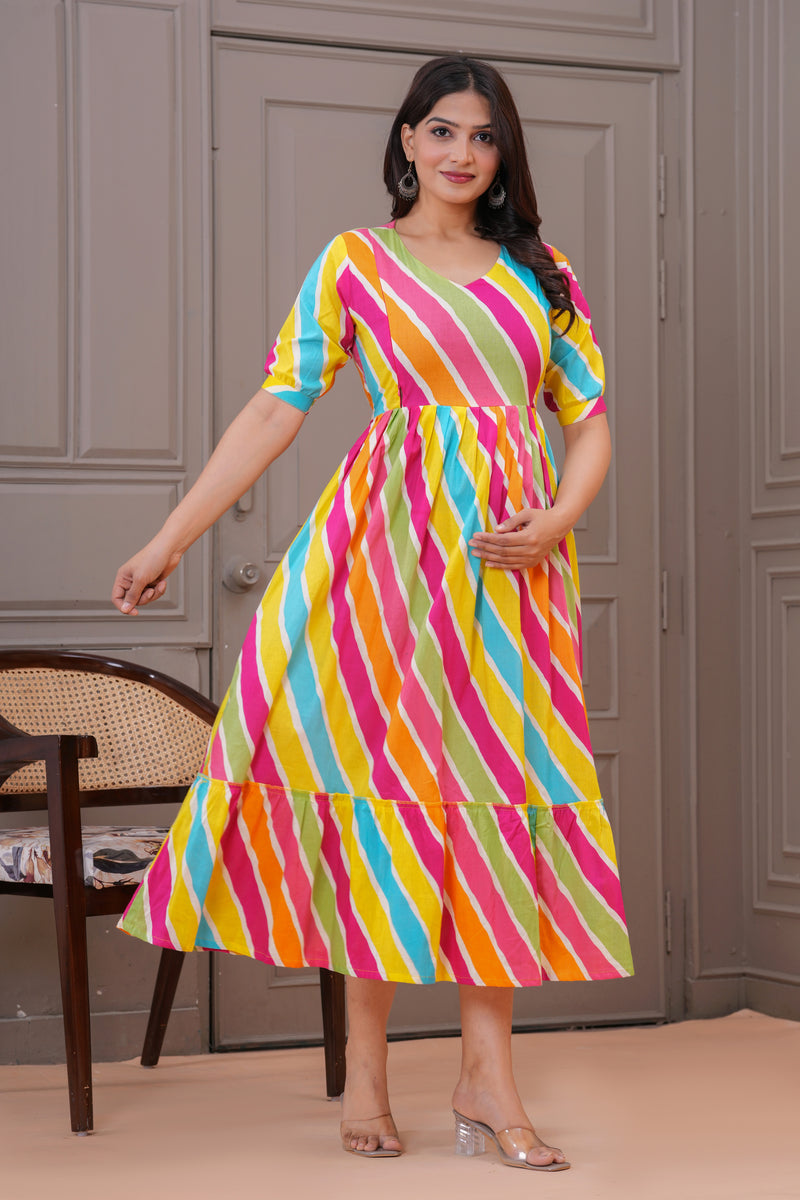 Colorful Cotton Maternity Dress with Nursing Access and Flared Hem