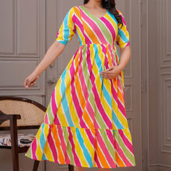 Colorful Cotton Maternity Dress with Nursing Access and Flared Hem