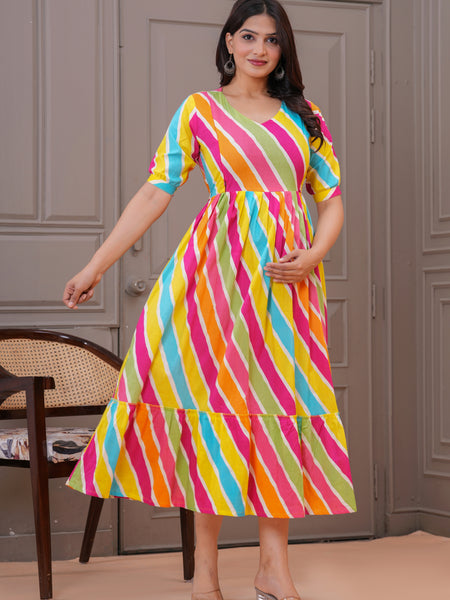 Colorful Cotton Maternity Dress with Nursing Access and Flared Hem