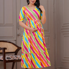 Colorful Cotton Maternity Dress with Nursing Access and Flared Hem