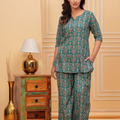 Emerald Floral Tile Print Co-ord Set – 3/4 Sleeve Top & Wide-Leg Pants