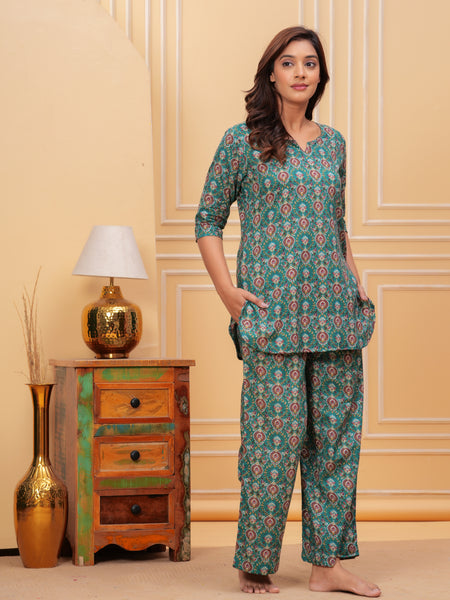 Emerald Floral Tile Print Co-ord Set – 3/4 Sleeve Top & Wide-Leg Pants