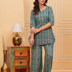 Emerald Floral Tile Print Co-ord Set – 3/4 Sleeve Top & Wide-Leg Pants