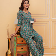 Emerald Floral Tile Print Co-ord Set – 3/4 Sleeve Top & Wide-Leg Pants