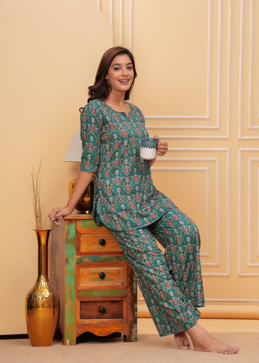 Emerald Floral Tile Print Co-ord Set – 3/4 Sleeve Top & Wide-Leg Pants