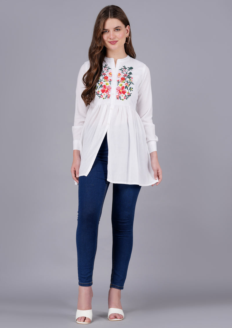 Classic White Rayon Embroidered Top Front