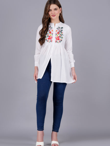 Classic White Rayon Embroidered Top Front