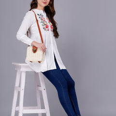 Classic White Rayon Embroidered Top
