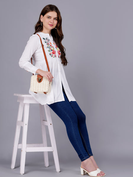 Classic White Rayon Embroidered Top
