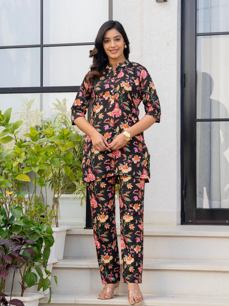 Black & Yellow Floral Cotton Co-Ord Set 