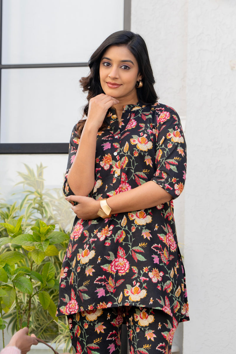 Black & Yellow Floral Cotton Co-Ord Set Closs View
