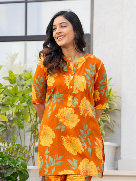 Mustard Floral Cotton Co-Ord Set Close View