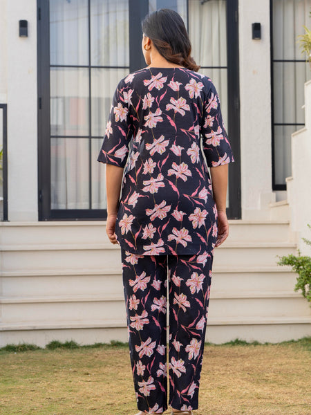 Black & Pink Floral Cotton Co-Ord Set Back