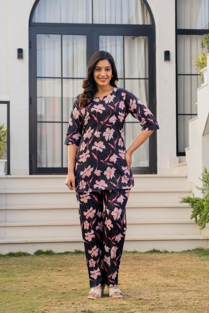 Black & Pink Floral Cotton Co-Ord Set Full View