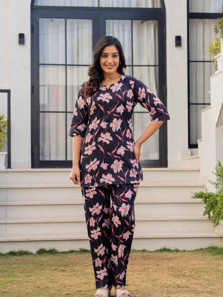 Black & Pink Floral Cotton Co-Ord Set Full View