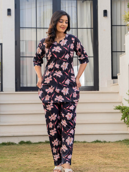 Black & Pink Floral Cotton Co-Ord Set Front