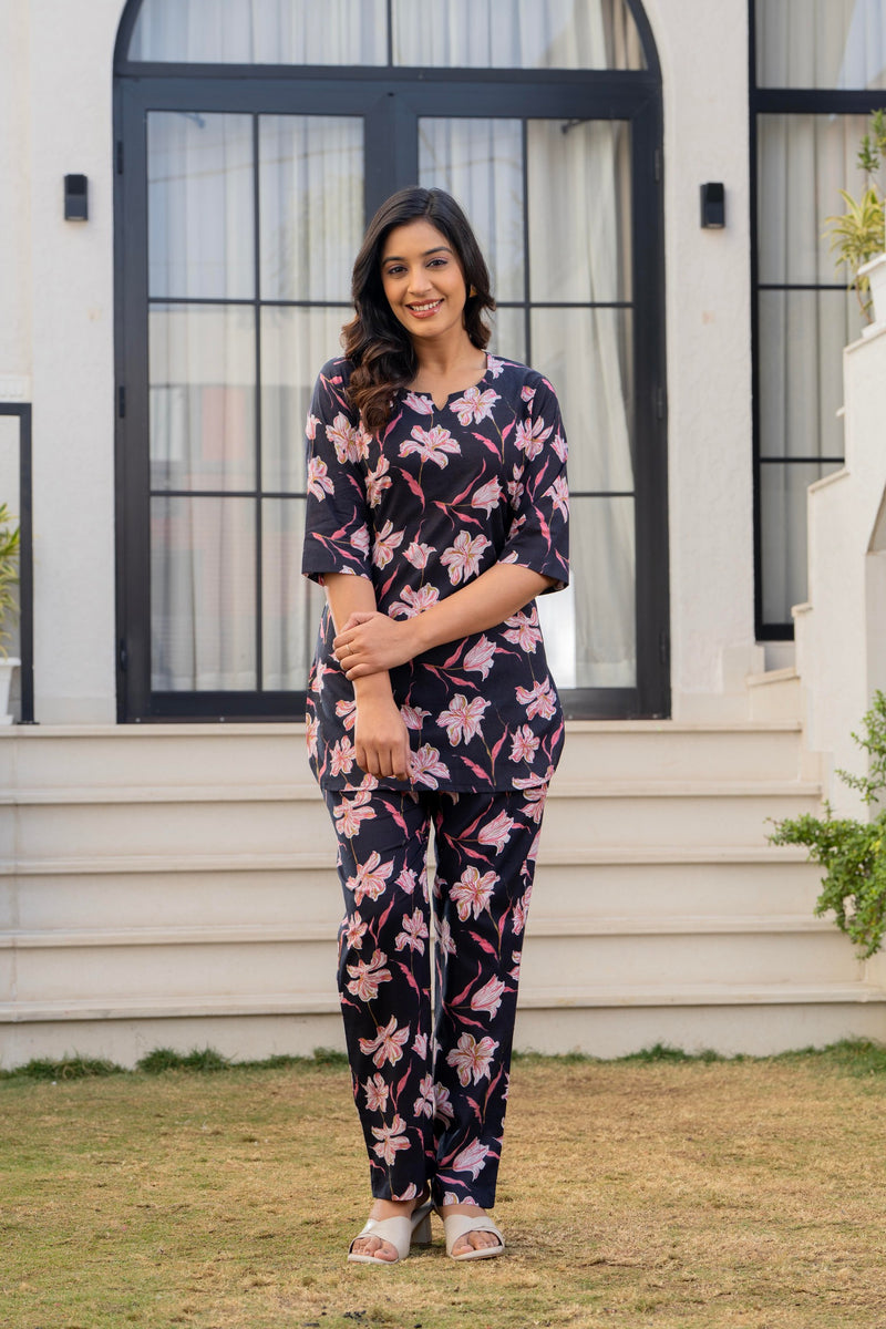 Black & Pink Floral Cotton Co-Ord Set 