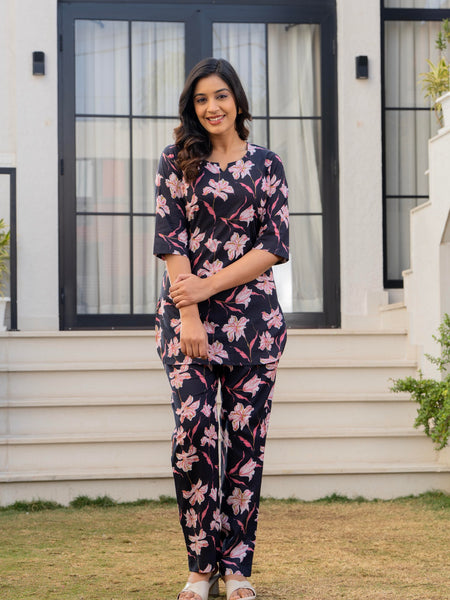 Black & Pink Floral Cotton Co-Ord Set 