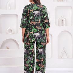 Jungle Safari Print Co-ord Set – Black Top & Wide-Leg Pants