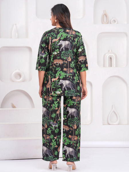 Jungle Safari Print Co-ord Set – Black Top & Wide-Leg Pants