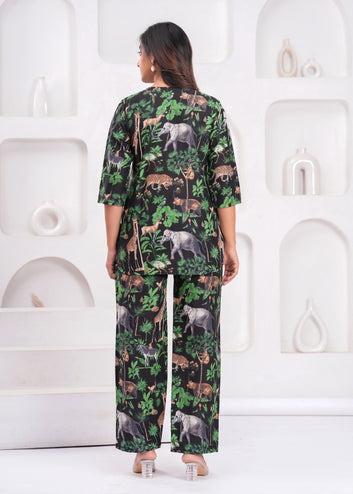Jungle Safari Print Co-ord Set – Black Top & Wide-Leg Pants