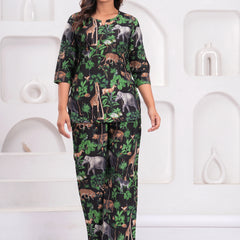 Jungle Safari Print Co-ord Set – Black Top & Wide-Leg Pants