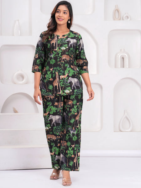 Jungle Safari Print Co-ord Set – Black Top & Wide-Leg Pants