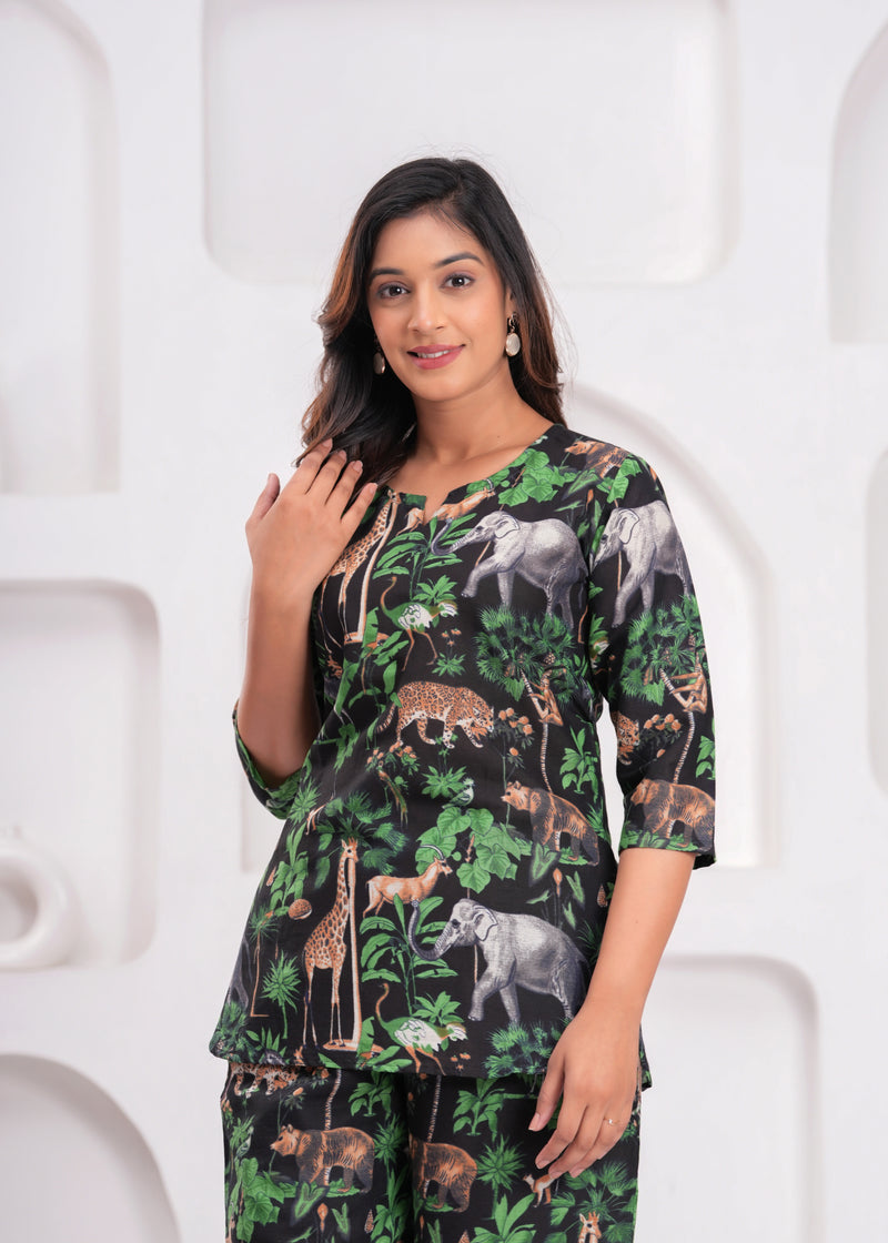Jungle Safari Print Co-ord Set – Black Top & Wide-Leg Pants