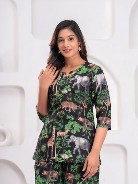 Jungle Safari Print Co-ord Set – Black Top & Wide-Leg Pants