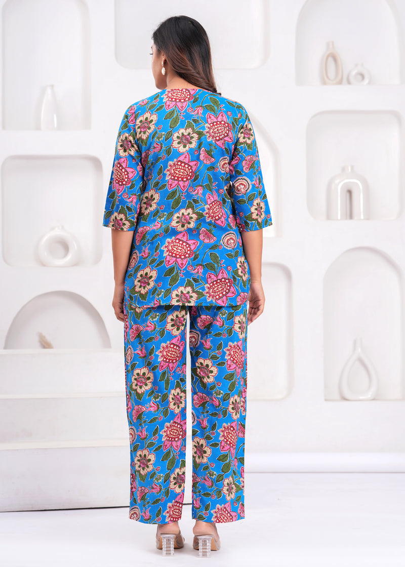 Blue Floral Printed Cotton Co-ord Set for Women
