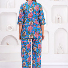 Blue Floral Printed Cotton Co-ord Set for Women