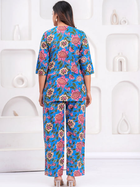 Blue Floral Printed Cotton Co-ord Set for Women