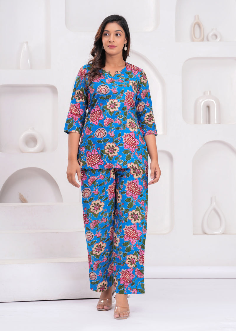 Blue Floral Printed Cotton Co-ord Set for Women